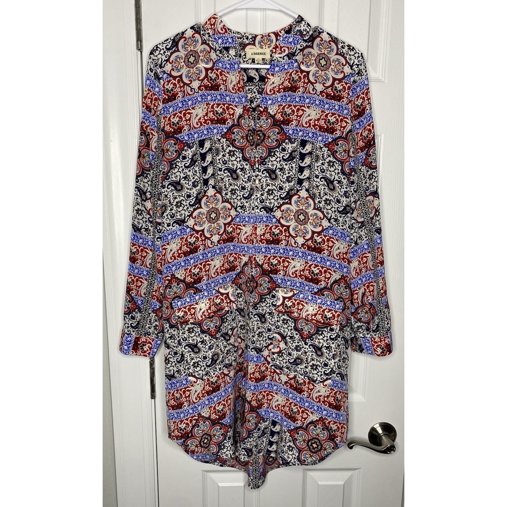 L'agence Women's 100% Silk Paisley Mini Dress Red White Blue Size Small